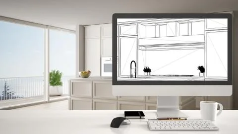 Architect designer project concept, white desk table with computer desktop sh Stock Illustration