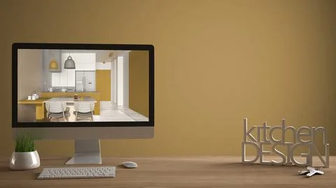 Architect designer project concept, wooden table with house keys, 3D letters  Stock Illustration