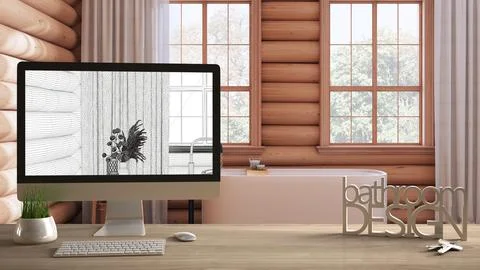 Architect designer project concept, wooden table with keys, letters bathroom  Illustrazione stock
