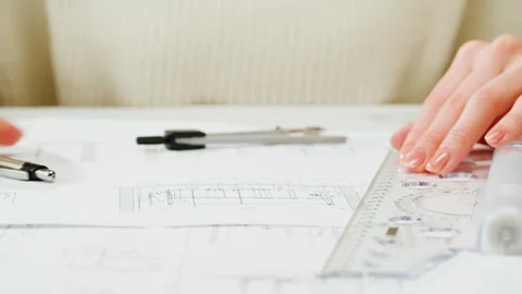 Architect designer using compass to draw plan blueprint close-up. Professional Stock Footage 273510021