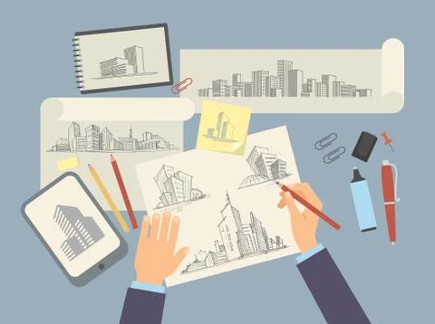 Architect designer working desk with architectural projec Stock Illustration