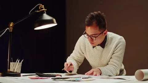 Architect designer working at night. Professional engineer drawing, interior Stock Footage 194457945
