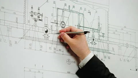 Architect designer working with plan blueprint close-up. Professional engineer Stock Footage 185577934