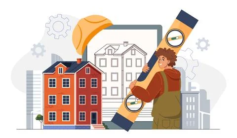 Architect designs building. Man in uniform near blueprint and hotel building Ilustración de archivo