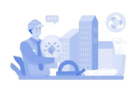 Architect designs sustainable, energy-efficient building. Ilustración de archivo
