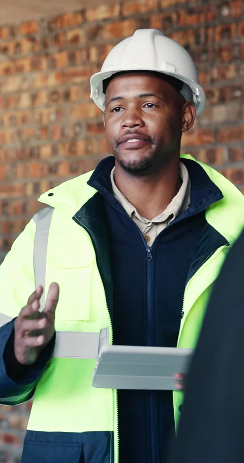 Architect, discussion and man with tablet, building site and collaboration for Stock Footage 336842210