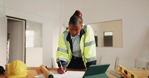 Architect, drawing and project with black woman and blueprint for property Stock Photos