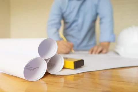 Architect drawing on blueprint, engineering concept, architecture concept Foto stock