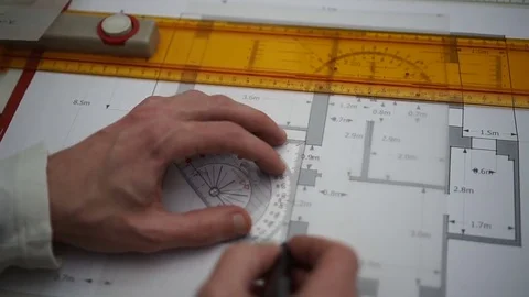 Architect drawing blueprints. Engineer Working with triangle ruler and pencil Stock Footage 73170782