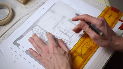 Architect drawing blueprints. Engineer Working with triangle ruler and pencil Stock Footage 73171672