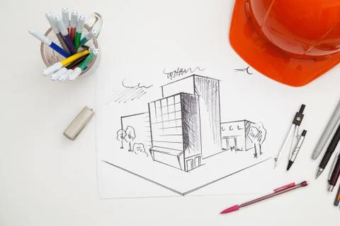 Architect drawing blueprints Stock Photos