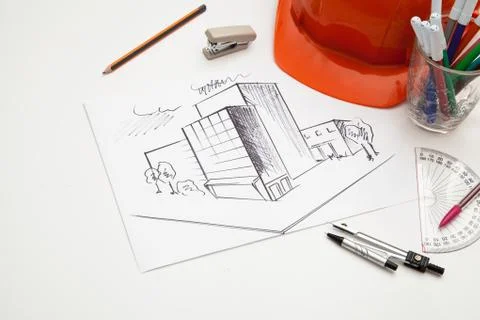 Architect drawing blueprints Foto stock