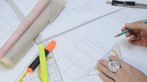 Architect Drawing Plans Stock Footage 98943608
