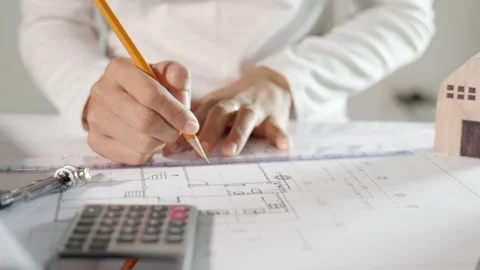 Architect drawing with ruler on house pl... | Stock Video | Pond5