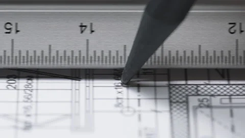 Architect Drawing Straight Lines On Blueprint Close-Up Technical Drafting Video stock 284880989