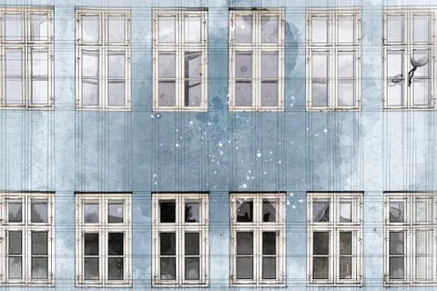 Architect drawing of white windows inold building Stock Illustration