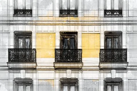 Architect drawing of windows and shutters in old building in Madrid Ilustración de archivo