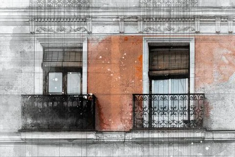 Architect drawing of windows and shutters in old building in Madrid Ilustración de archivo