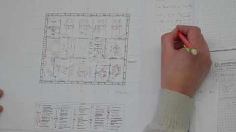 Architect draws on building blueprint Close up Stock Footage 332433965