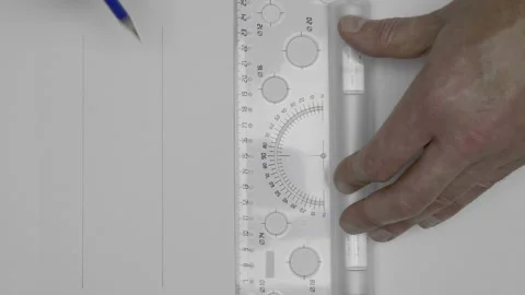 An architect easily draw parallel lines by a transparent roller ruler Stock Footage 142134726