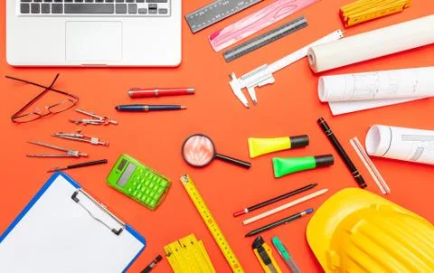 Architect engineer construction site office desk. Project blueprints, hard ha Foto stock