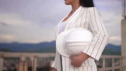 Architect, Engineer, Designer, Employee, White Woman, Holding Blueprints Helmet Stock Footage 240344101