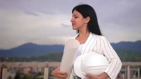 Architect, Engineer, Designer, Employee, White Woman, Holding Blueprints Helmet Stock Footage 240344227