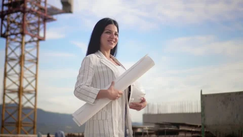 Architect, Engineer, Designer, Employee, White Woman, Holding Blueprints Helmet Stock Footage 240344577