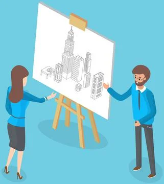 Architect engineer showing drawing building blueprint on easel board to Ilustración de archivo