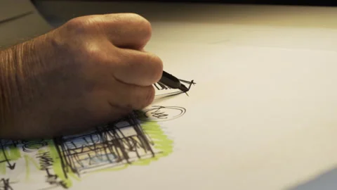 Architect Engineer Sketching Blueprint with Marker on Paper in Studio Stock-Footage 235284880