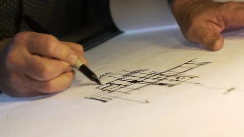 Architect Engineer Sketching Blueprint on Paper in Studio Office. (4K UHD) Stock-Footage 235284347