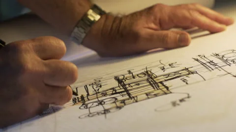 Architect Engineer Sketching Blueprint on Paper in Studio Office - Tilt Stock-Footage 235285887