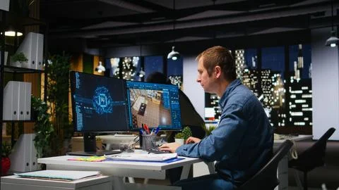 Architect engineer using AI neural networks on home modeling program Stock Photos