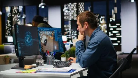 Architect engineer using AI neural networks on home modeling program Stock Photos