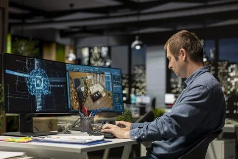 Architect engineer using AI neural networks on home modeling program Stock Photos