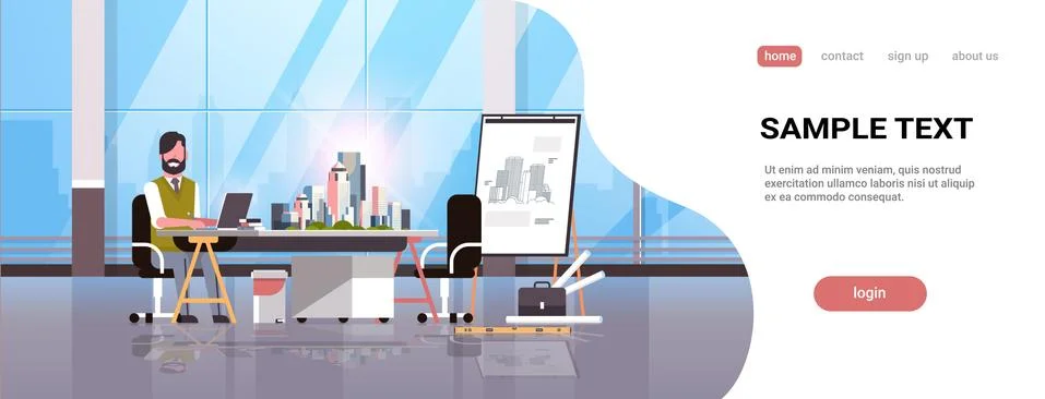 Architect engineer using laptop house blueprint plan city building model Ilustración de archivo