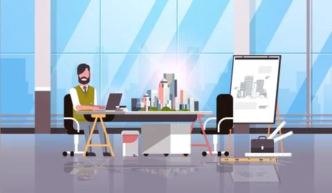 Architect engineer using laptop house blueprint plan city building model Ilustración de archivo