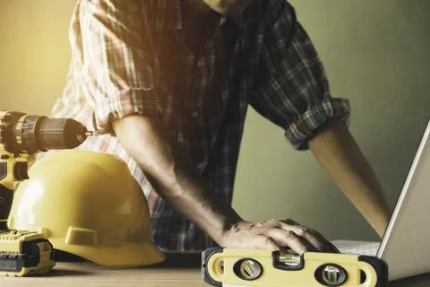 Architect engineer working concept and construction tools or safety equipment Stock Photos