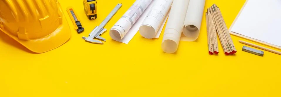 Architect engineer workplace, construction site desk. Project blueprints, har Foto stock
