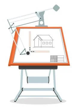 Architect engineer workplace with culman with a drawing of a building of a Ilustración de archivo