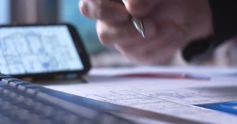 Architect Engineering Engineer working with construction design blueprints desk Stock Footage 54941912