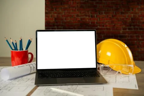 Architect engineers Working on a desktop computer on a laptop mockup screen.. Stock Photos