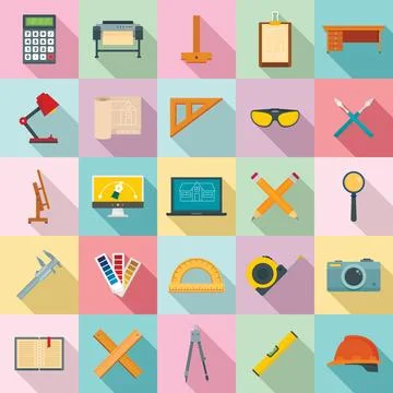 Architect equipment icons set, flat style 스톡 일러스트
