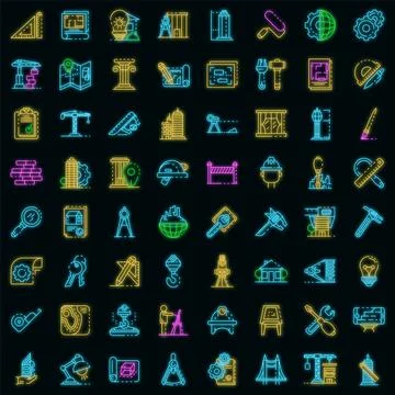 Architect equipment icons set vector neon Illustrazione stock