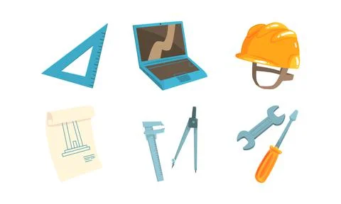 Architect Equipment Set, Laptop Computer, Blueprint, Screwdriver, Triangle Stock Illustration