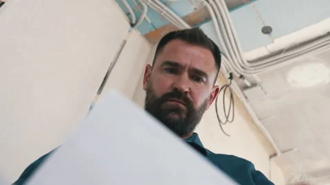 The architect examines the drawings at the facility Stock Footage 160931827