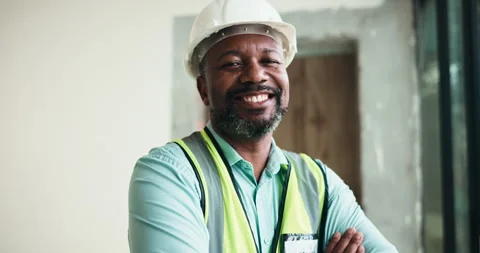 Architect, face and happy man with arms crossed on construction site, real Stock Footage 337758168
