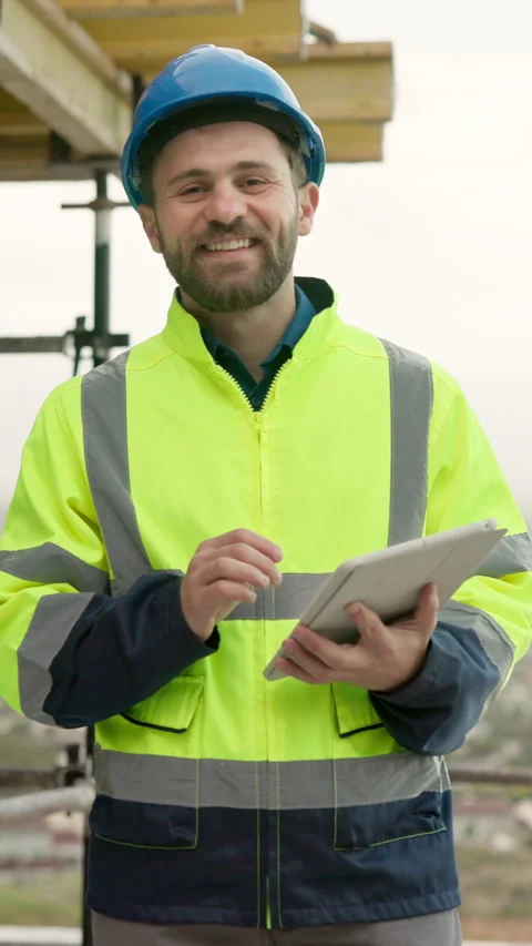Architect, face and happy man with tablet on roof, construction and property Stock Footage 337992881