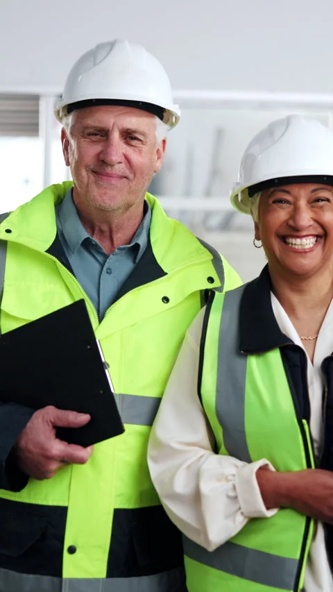 Architect, face and happy team in building, partnership or colleagues with tech Stock Footage 342313947