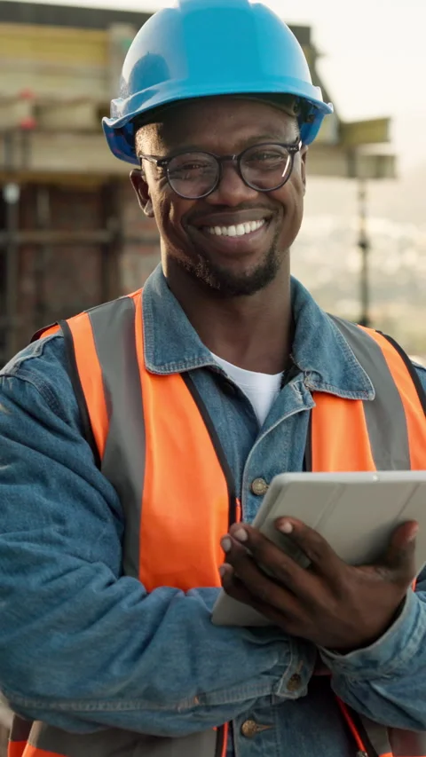 Architect, face and tablet with black man on rooftop for property, engineer and Stock Footage 340901337